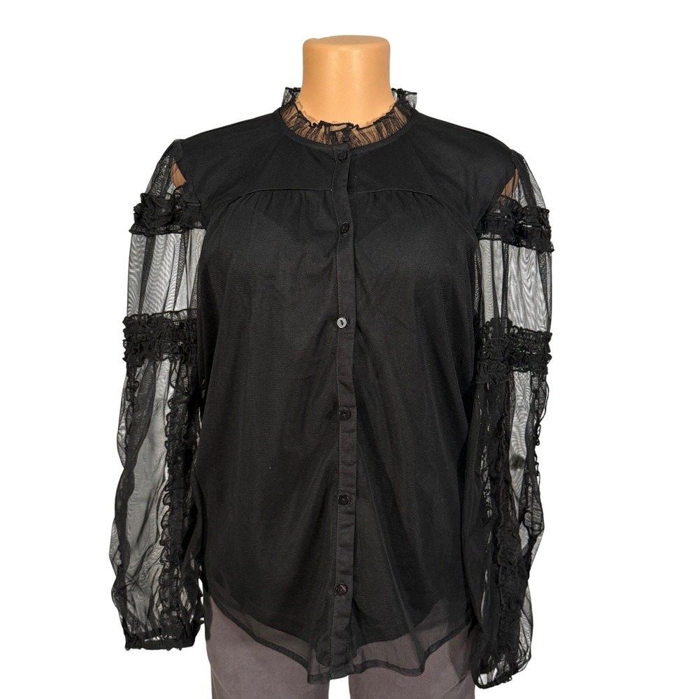 Calligraphie‎ Sheer Black Ruffle Neck Button Up Long Sleeve Top Women Size Large